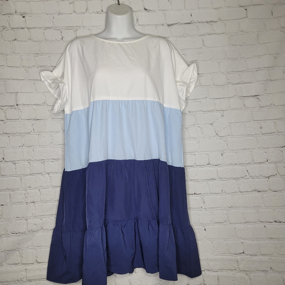 Tiered Colorblock Mini Dress - White, Light Blue & Navy